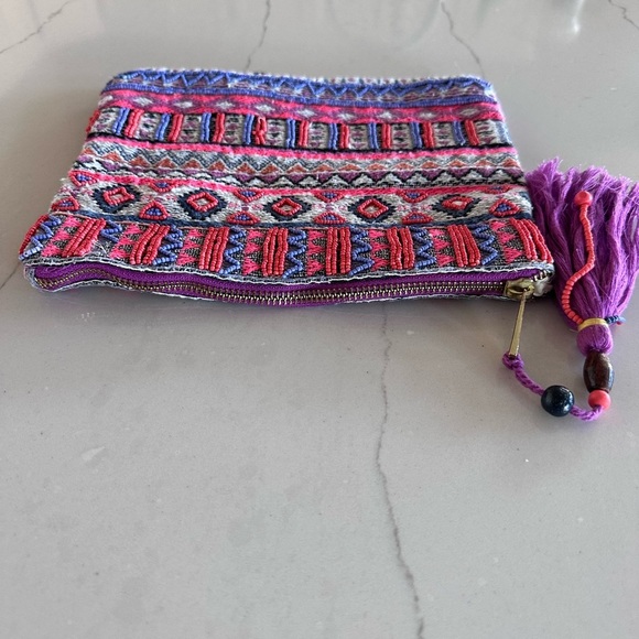 Boho Tribal Beaded Clutch Purse Fringe Tassel Metallic Charms Costal Grandma - Picture 4 of 11